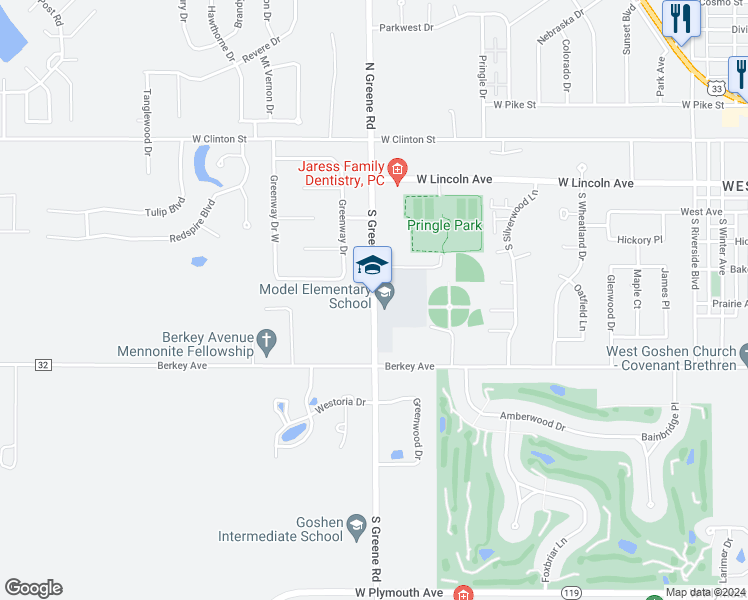 map of restaurants, bars, coffee shops, grocery stores, and more near 477 South Greene Road in Goshen