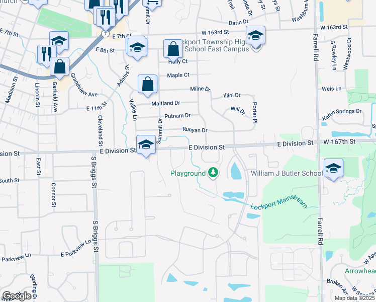 map of restaurants, bars, coffee shops, grocery stores, and more near 1400 Strawberry Hill Drive in Lockport