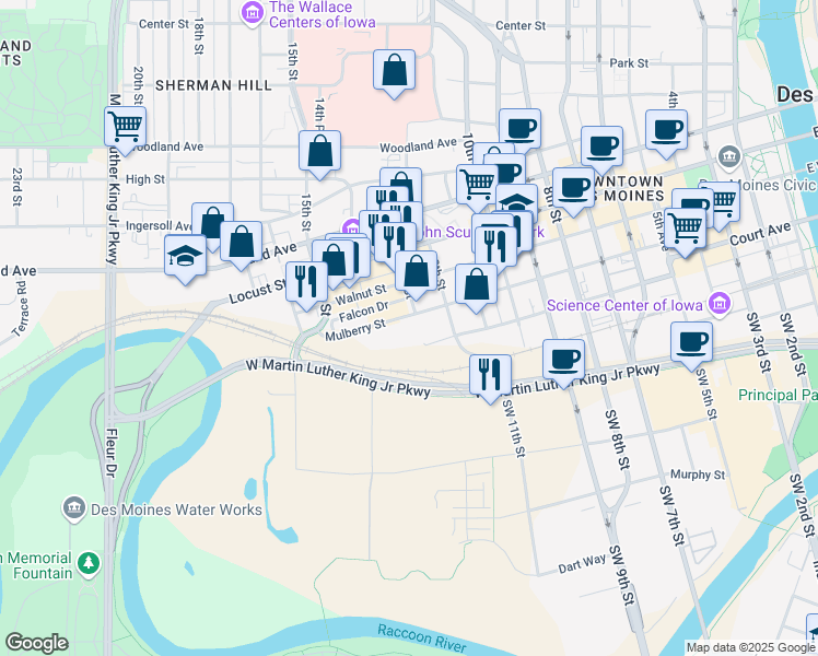 map of restaurants, bars, coffee shops, grocery stores, and more near 1216 Mulberry Street in Des Moines