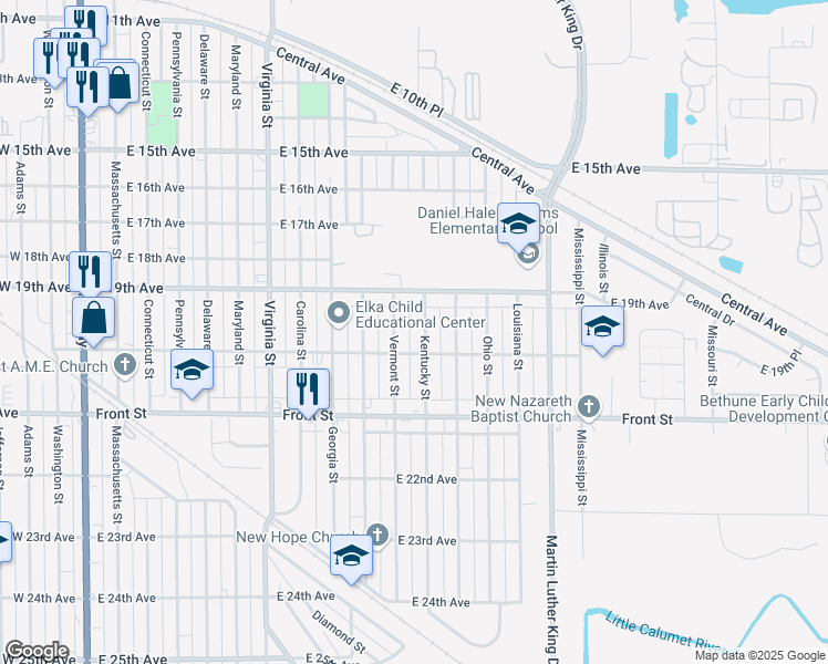 map of restaurants, bars, coffee shops, grocery stores, and more near 1954 Kentucky Street in Gary