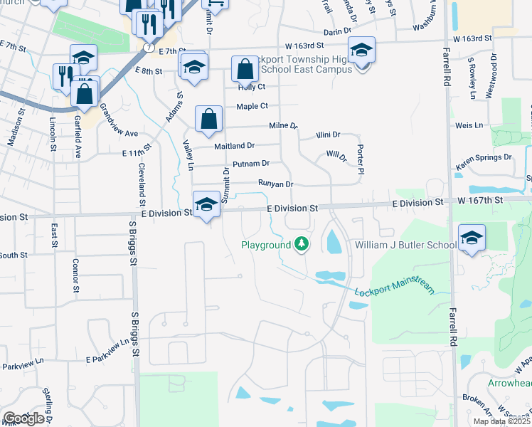 map of restaurants, bars, coffee shops, grocery stores, and more near 1020 East Division Street in Lockport