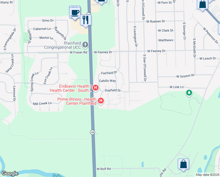 map of restaurants, bars, coffee shops, grocery stores, and more near 23852 Dayfield Drive in Plainfield