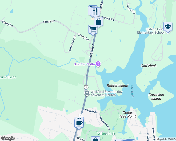 map of restaurants, bars, coffee shops, grocery stores, and more near 7947 Post Road in North Kingstown