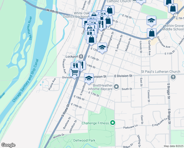 map of restaurants, bars, coffee shops, grocery stores, and more near 130 East 15th Street in Lockport