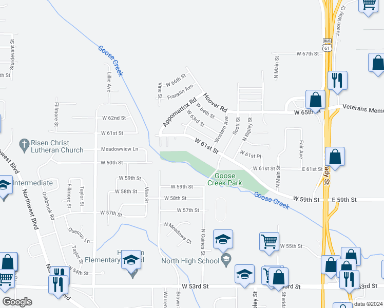 map of restaurants, bars, coffee shops, grocery stores, and more near 643 West 61st Street in Davenport