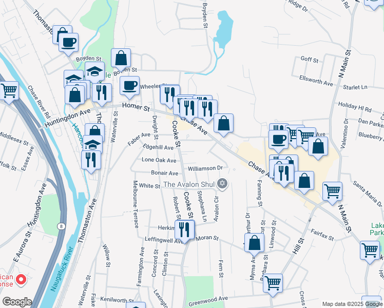 map of restaurants, bars, coffee shops, grocery stores, and more near 3 Crystal Terrace in Waterbury