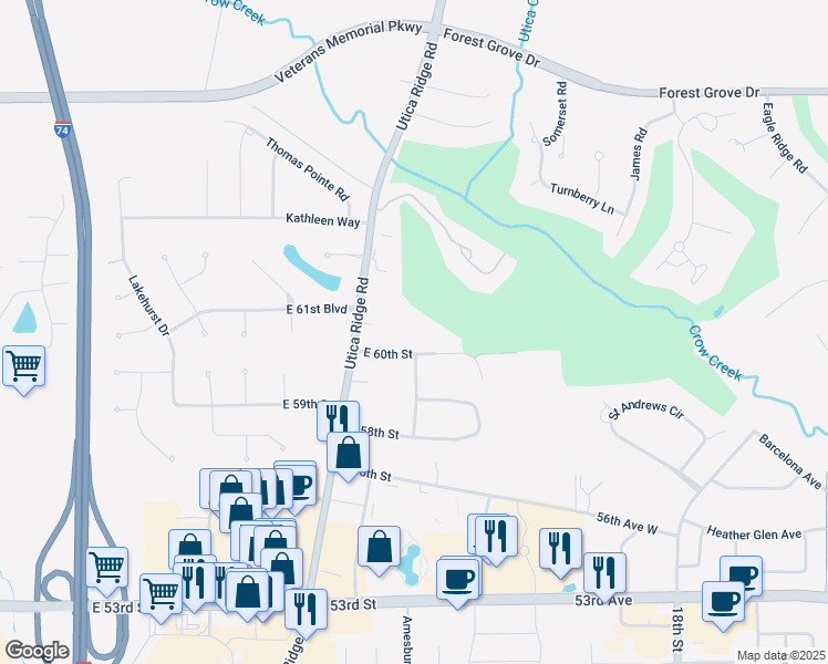 map of restaurants, bars, coffee shops, grocery stores, and more near 14 East 61st Court in Davenport