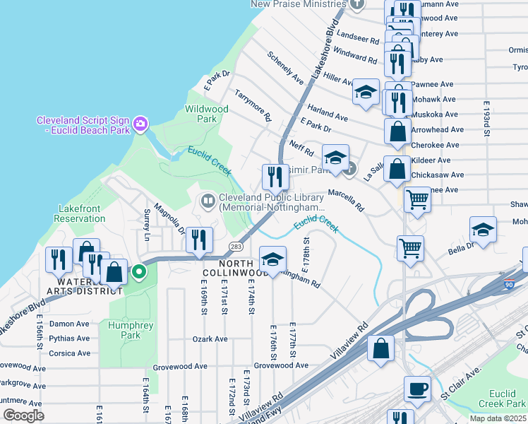 map of restaurants, bars, coffee shops, grocery stores, and more near 17622 Wildwood Lane in Cleveland
