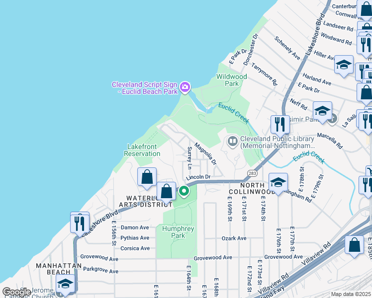 map of restaurants, bars, coffee shops, grocery stores, and more near 15 Surrey Lane in Cleveland