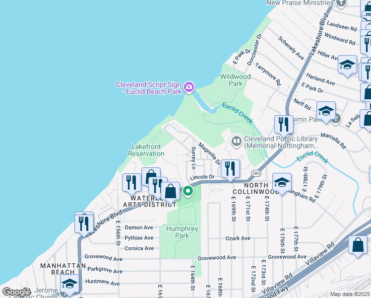 map of restaurants, bars, coffee shops, grocery stores, and more near 15 Surrey Lane in Cleveland