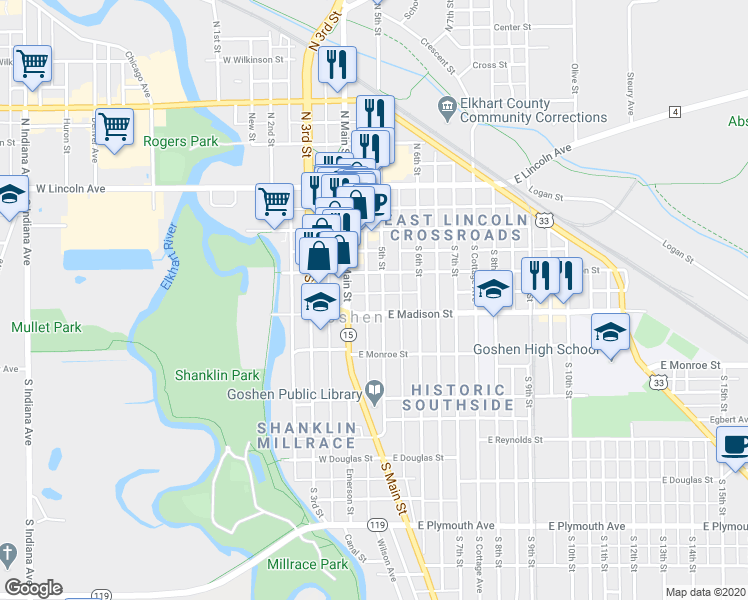 map of restaurants, bars, coffee shops, grocery stores, and more near 313 South 5th Street in Goshen