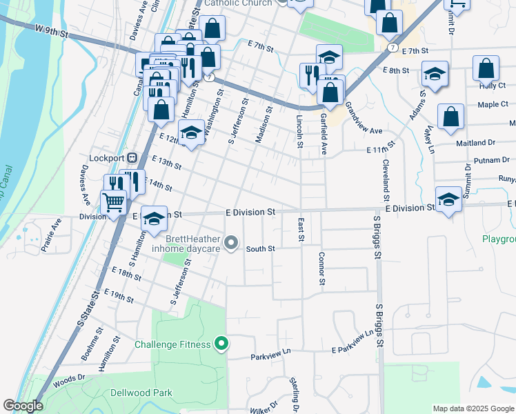 map of restaurants, bars, coffee shops, grocery stores, and more near 536 East Division Street in Lockport
