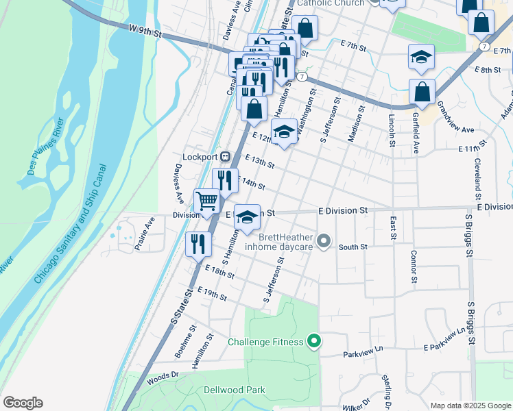 map of restaurants, bars, coffee shops, grocery stores, and more near 130 East 15th Street in Lockport