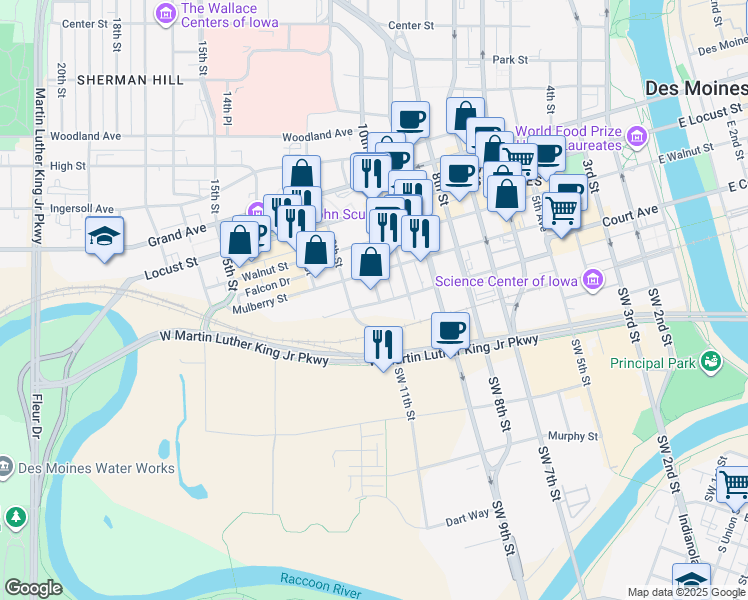 map of restaurants, bars, coffee shops, grocery stores, and more near 111 11th Street in Des Moines