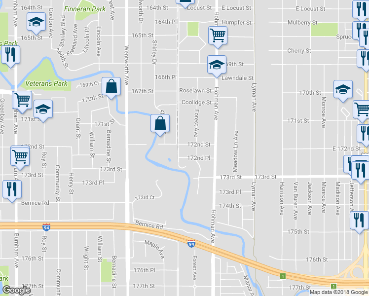 map of restaurants, bars, coffee shops, grocery stores, and more near 12 172nd Street in Hammond