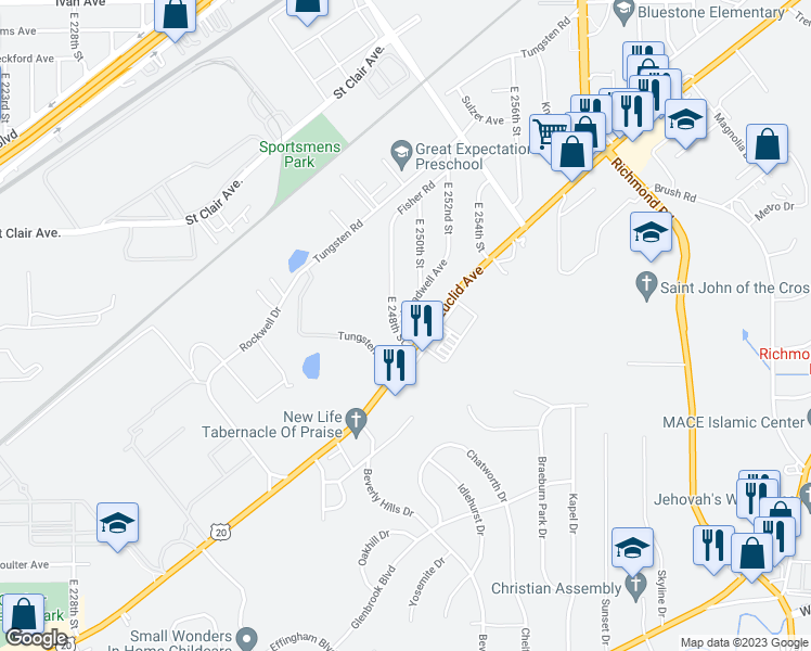 map of restaurants, bars, coffee shops, grocery stores, and more near 24920 Treadwell Avenue in Euclid