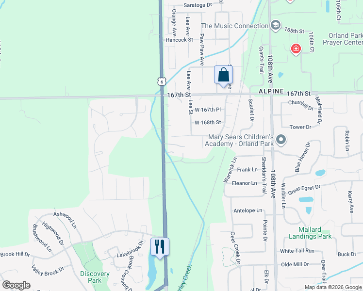 map of restaurants, bars, coffee shops, grocery stores, and more near 16845 Wolf Road in Orland Park
