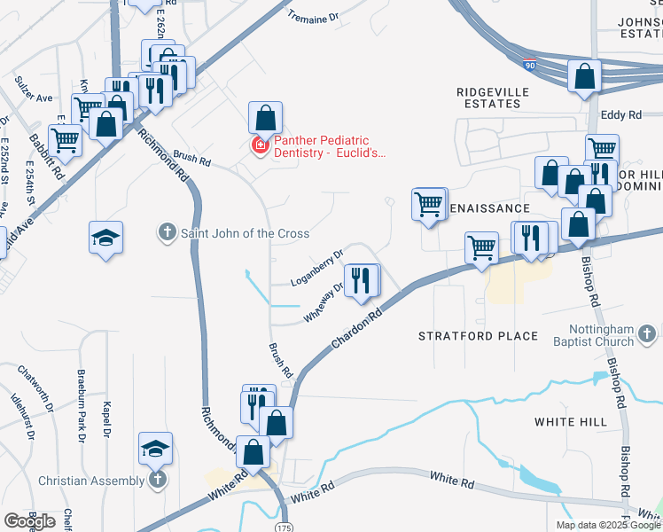 map of restaurants, bars, coffee shops, grocery stores, and more near 26680 Loganberry Drive in Richmond Heights