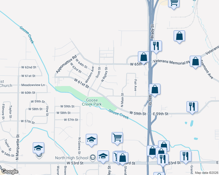 map of restaurants, bars, coffee shops, grocery stores, and more near 316 West 61st Place in Davenport