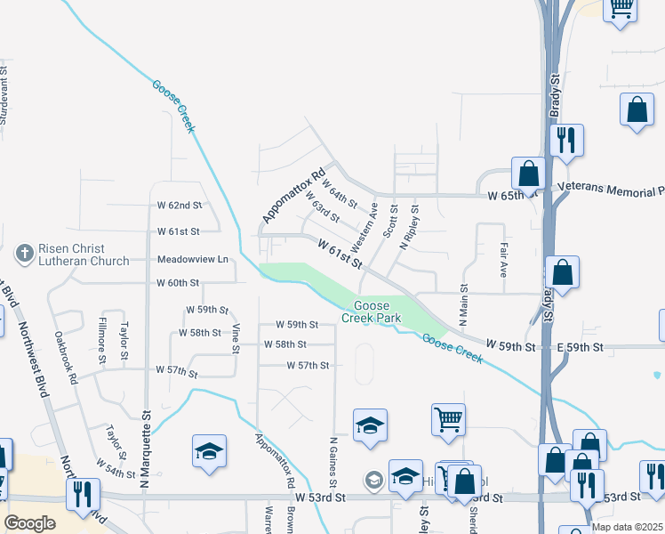 map of restaurants, bars, coffee shops, grocery stores, and more near 615 West 61st Street in Davenport