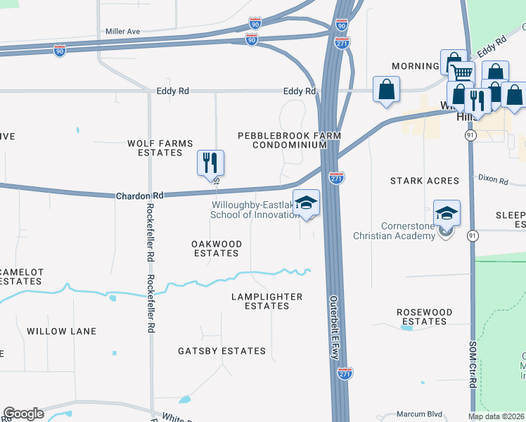 map of restaurants, bars, coffee shops, grocery stores, and more near 2871 Lamplight Lane in Willoughby Hills