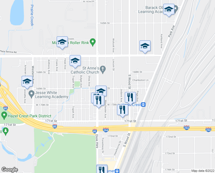 map of restaurants, bars, coffee shops, grocery stores, and more near 1918 169th Street in Hazel Crest