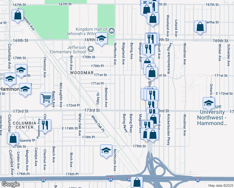 map of restaurants, bars, coffee shops, grocery stores, and more near 7152 Northcote Avenue in Hammond