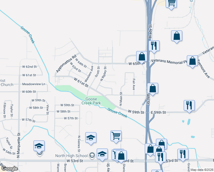 map of restaurants, bars, coffee shops, grocery stores, and more near 322 West 61st Place in Davenport