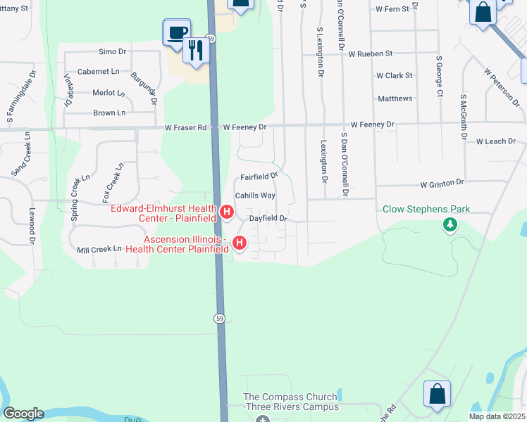 map of restaurants, bars, coffee shops, grocery stores, and more near 23852 Dayfield Drive in Plainfield