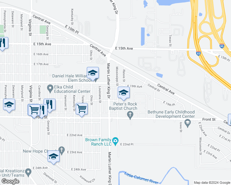 map of restaurants, bars, coffee shops, grocery stores, and more near 1948 Mississippi Street in Gary