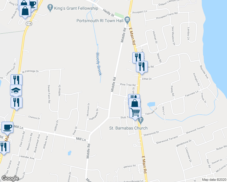 map of restaurants, bars, coffee shops, grocery stores, and more near 290 Middle Road in Portsmouth