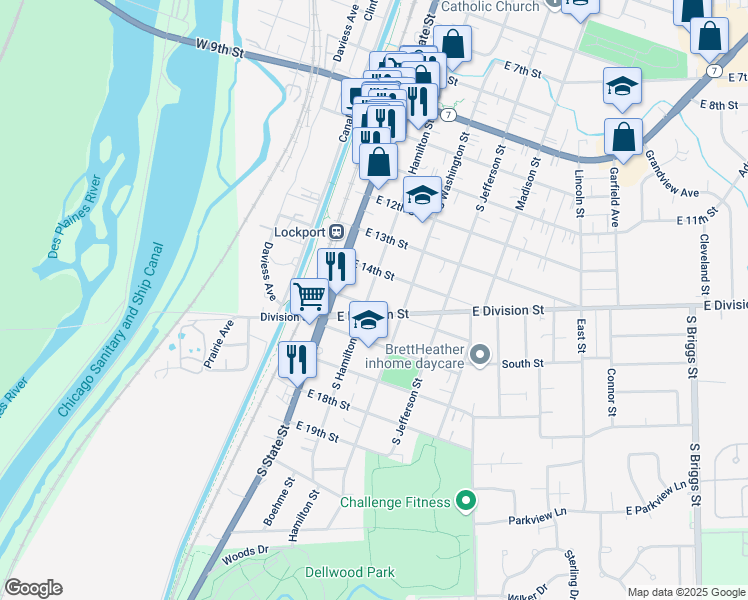 map of restaurants, bars, coffee shops, grocery stores, and more near 1460 South Hamilton Street in Lockport