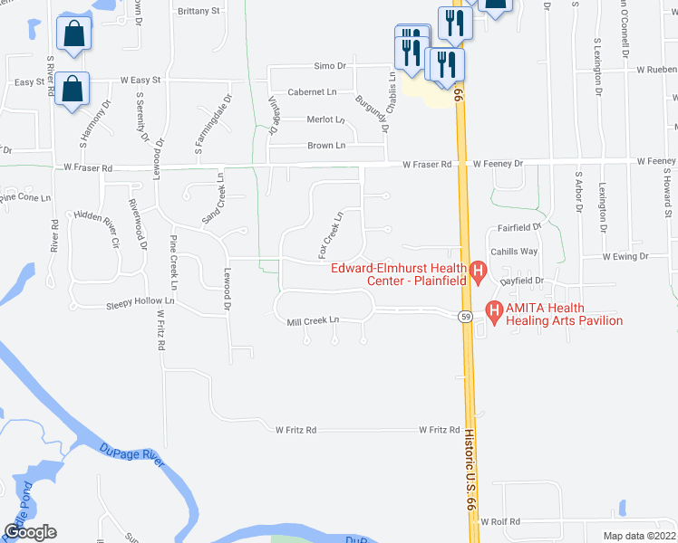 map of restaurants, bars, coffee shops, grocery stores, and more near 24223 Cedar Creek Lane in Plainfield