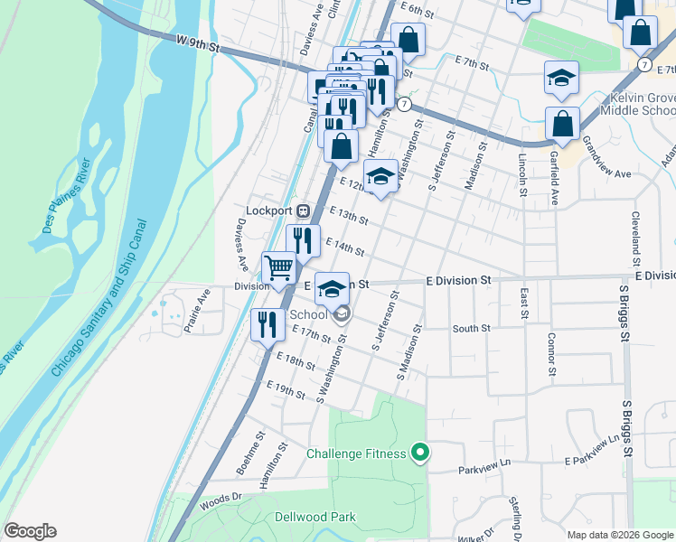map of restaurants, bars, coffee shops, grocery stores, and more near 1440 South Hamilton Street in Lockport