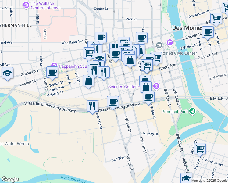 map of restaurants, bars, coffee shops, grocery stores, and more near 80 Southwest 8th Street in Des Moines
