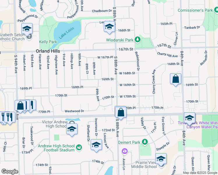 map of restaurants, bars, coffee shops, grocery stores, and more near 16938 88th Court in Orland Hills