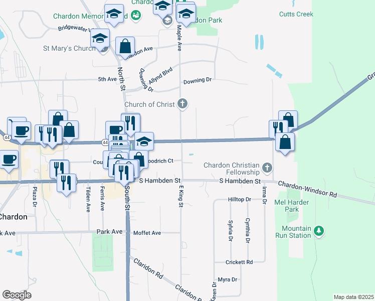 map of restaurants, bars, coffee shops, grocery stores, and more near 310 North Hambden Street in Chardon