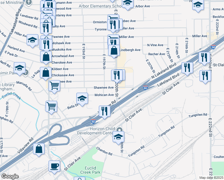 map of restaurants, bars, coffee shops, grocery stores, and more near 19708 Shawnee Avenue in Cleveland