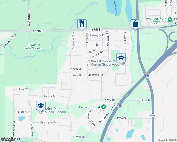 map of restaurants, bars, coffee shops, grocery stores, and more near 16932 Laramie Avenue in Oak Forest
