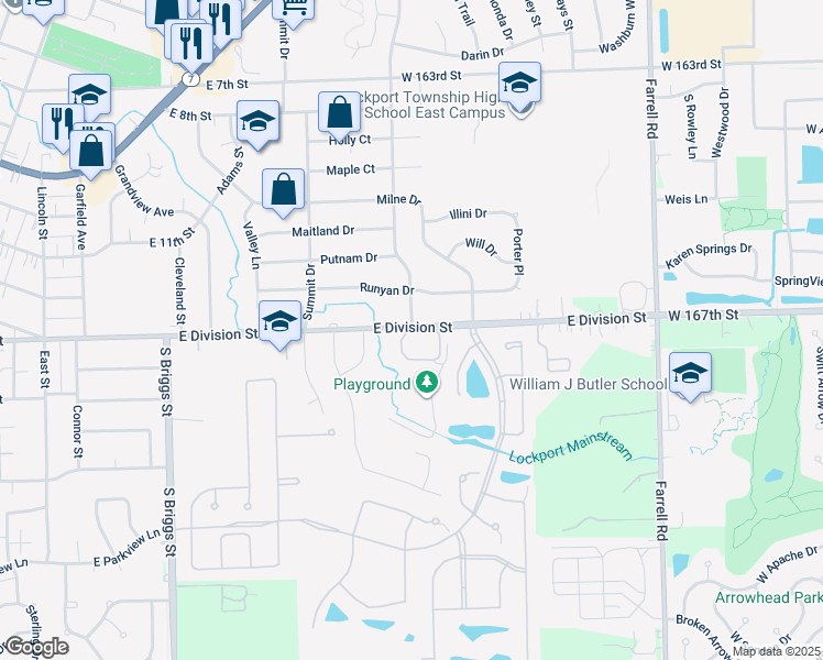 map of restaurants, bars, coffee shops, grocery stores, and more near 1109 East Division Street in Lockport