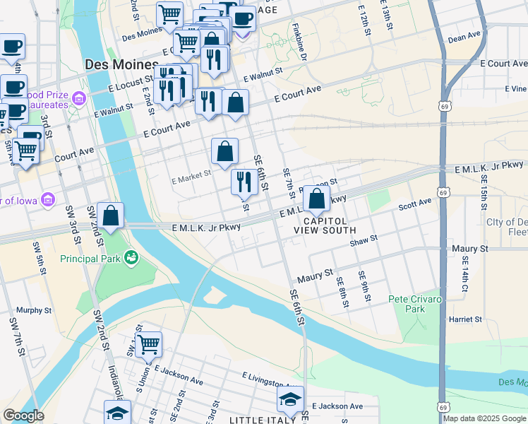 map of restaurants, bars, coffee shops, grocery stores, and more near 416 East 6th Street in Des Moines