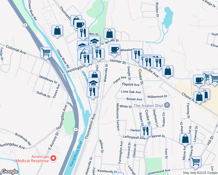 map of restaurants, bars, coffee shops, grocery stores, and more near 59 Faber Avenue in Waterbury