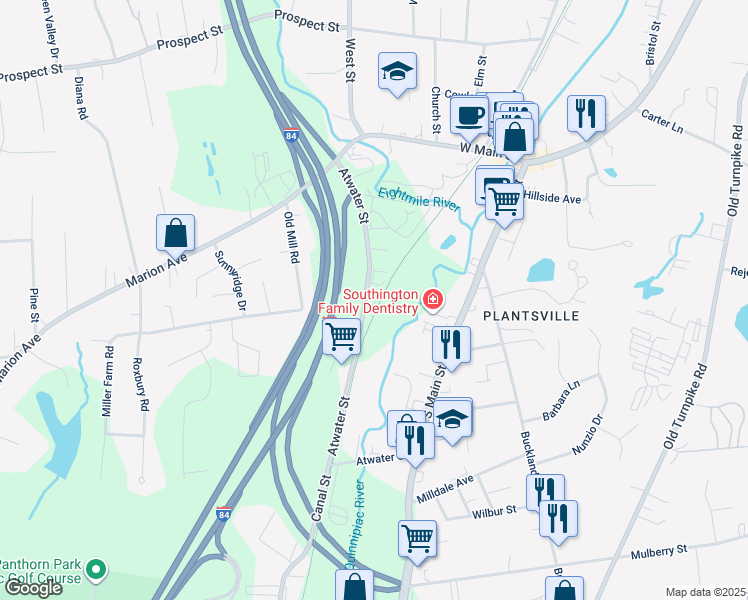 map of restaurants, bars, coffee shops, grocery stores, and more near 185 Atwater Street in Southington