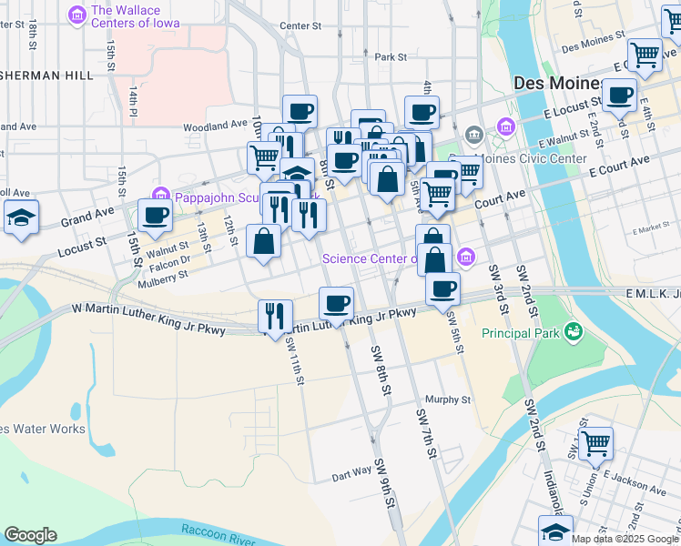 map of restaurants, bars, coffee shops, grocery stores, and more near 80 Southwest 8th Street in Des Moines