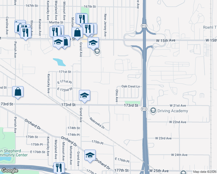 map of restaurants, bars, coffee shops, grocery stores, and more near 3738 Higgins Park South Street in Hammond