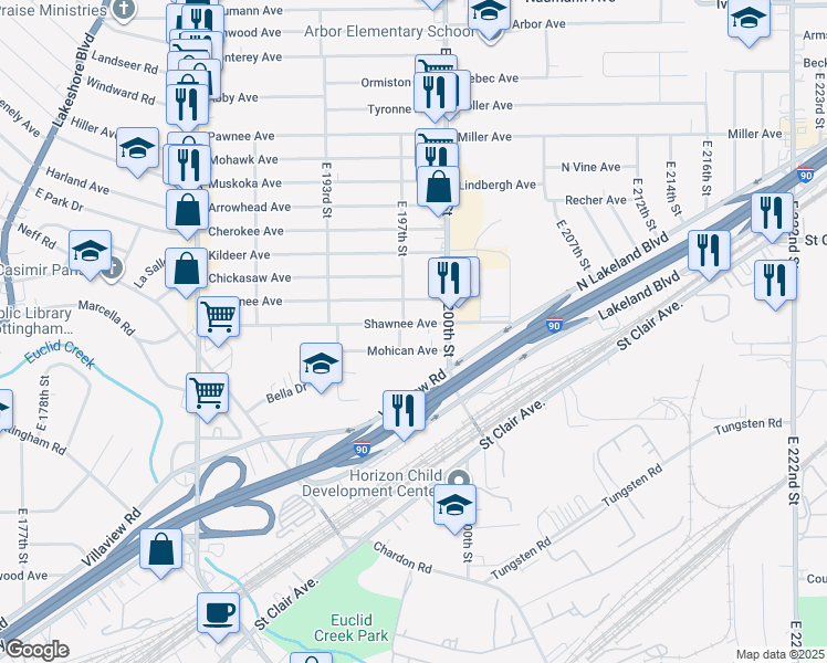 map of restaurants, bars, coffee shops, grocery stores, and more near 19708 Shawnee Ave in Cleveland