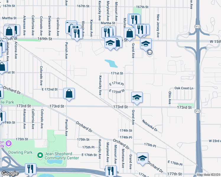 map of restaurants, bars, coffee shops, grocery stores, and more near 3435 172nd Street in Hammond