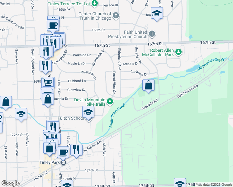 map of restaurants, bars, coffee shops, grocery stores, and more near 16949 Forest View Drive in Tinley Park
