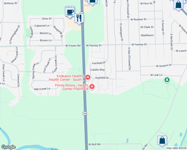 map of restaurants, bars, coffee shops, grocery stores, and more near 23928 Dayfield Drive in Plainfield