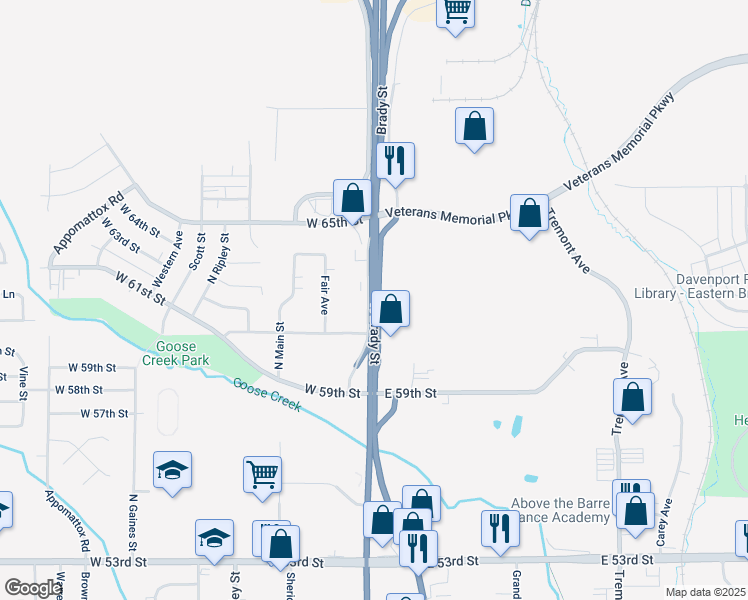 map of restaurants, bars, coffee shops, grocery stores, and more near 6105 North Brady Street in Davenport